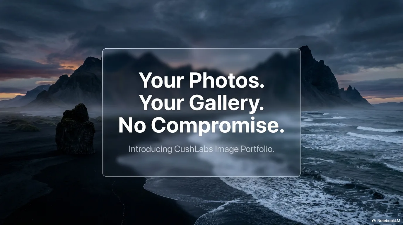 Image gallery home view in masonry layout with the dark CushLabs orange and black theme