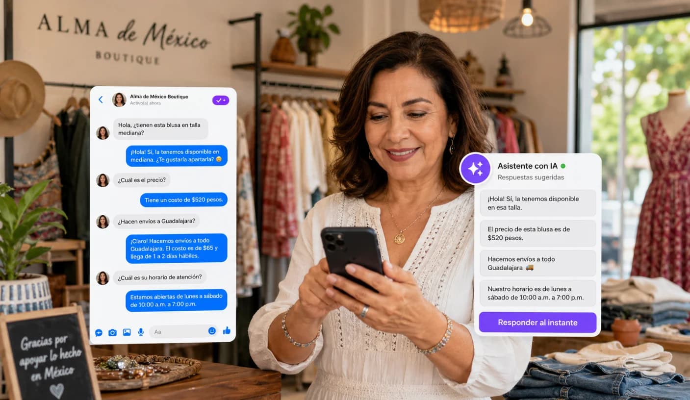 A boutique customer messages the shop on Facebook — "Do you have this in medium?" — and the AI assistant answers instantly with availability and offers to reserve it.