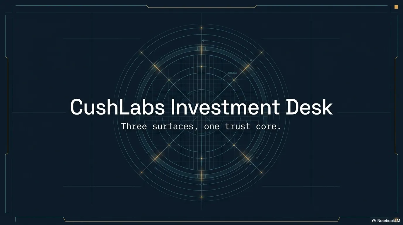 Title slide for the CushLabs Investment Desk — 'Three surfaces, one trust core' over a radial trust-core motif.