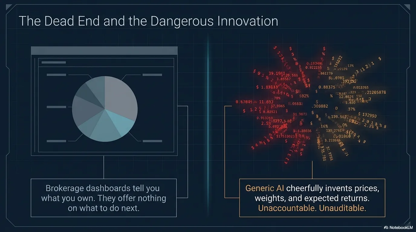 The problem — brokerage dashboards only show what you own, while generic AI invents prices, weights, and returns that are unaccountable and unauditable.