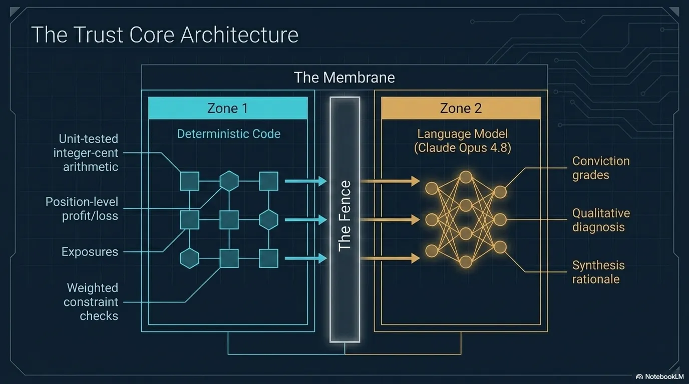 The trust-core architecture — a membrane separating deterministic, unit-tested code (P&L, exposures, constraint checks) from the language model (Claude Opus 4.8), which only adds conviction grades, diagnosis, and synthesis rationale.
