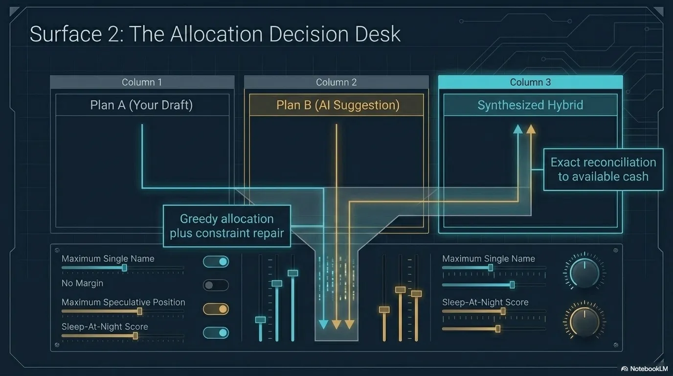 The Allocation Decision Desk comparing Plan A (your draft), Plan B (an AI suggestion), and a synthesized hybrid built by greedy allocation plus constraint repair that reconciles exactly to available cash.