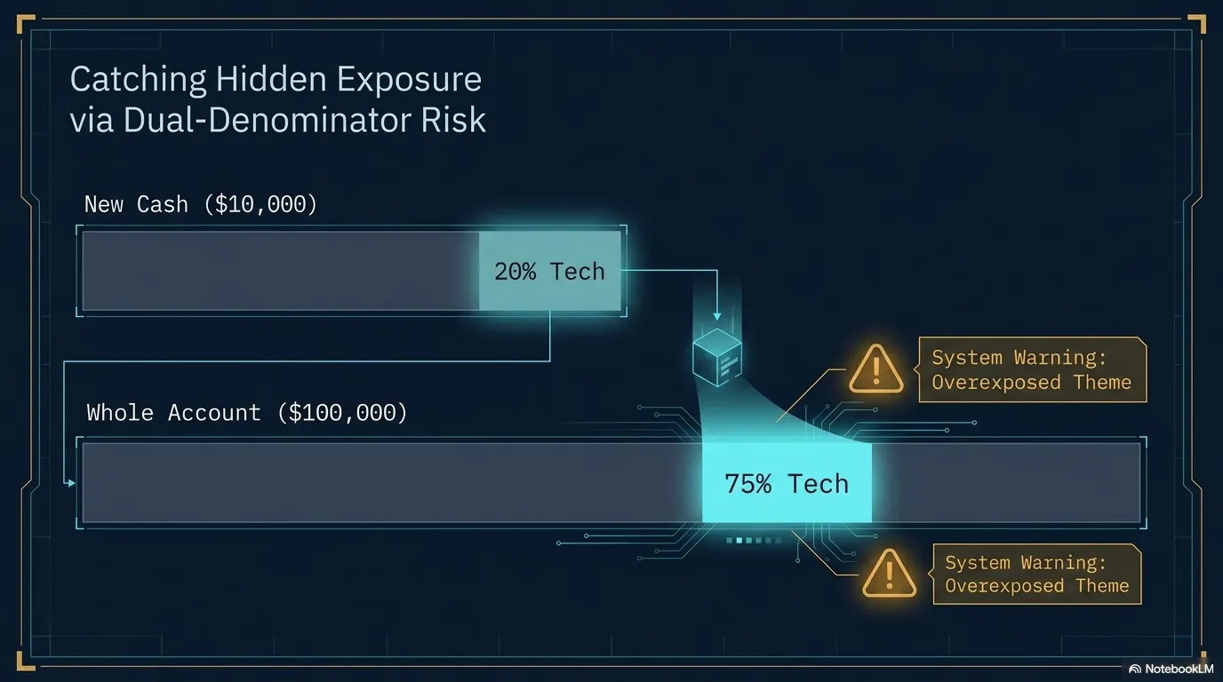 Dual-denominator risk catching hidden exposure — a position that is 20% of new cash but 75% of the whole account, flagged as an overexposed theme.