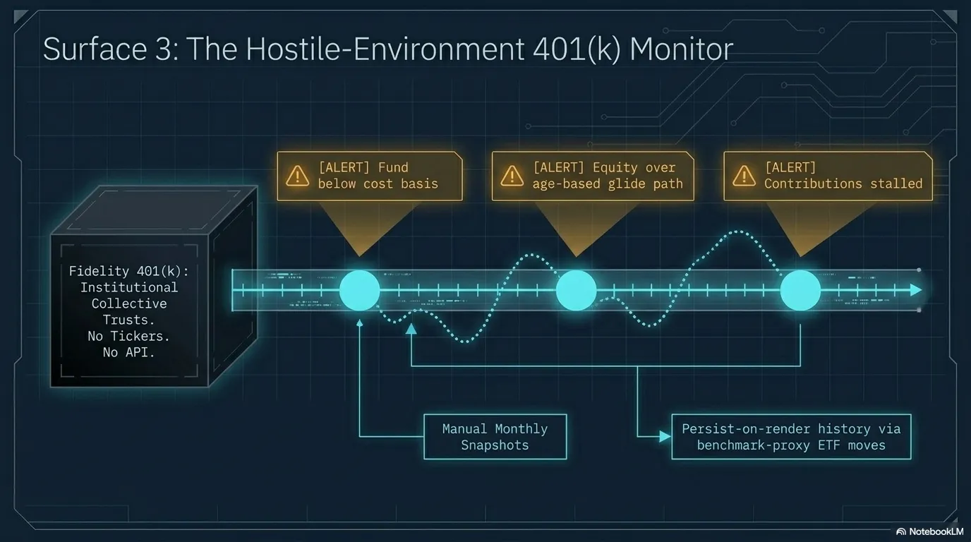 The 401(k) monitor for a hostile environment — a Fidelity plan of institutional collective trusts with no tickers and no API, tracked via manual monthly snapshots with alerts and benchmark-proxy estimation.