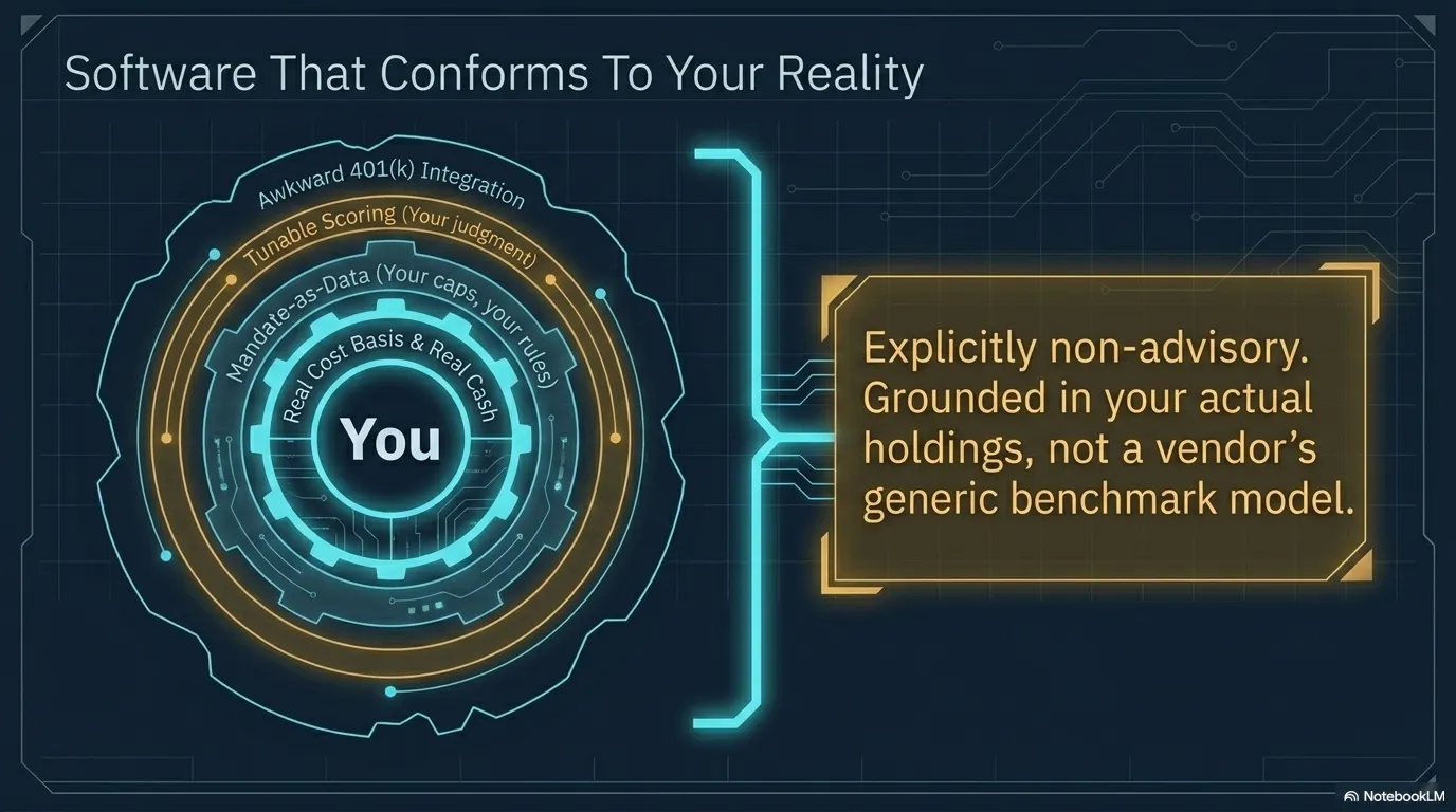 Software that conforms to your reality — the investor at the center, explicitly non-advisory and grounded in your actual holdings rather than a vendor's generic benchmark model.